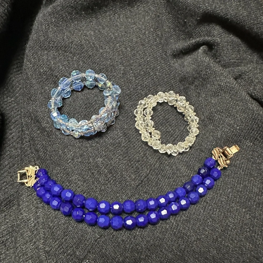 Three Vintage Crystal Bead Bracelets Lapis Blue Light Blue Clear Crystal Small